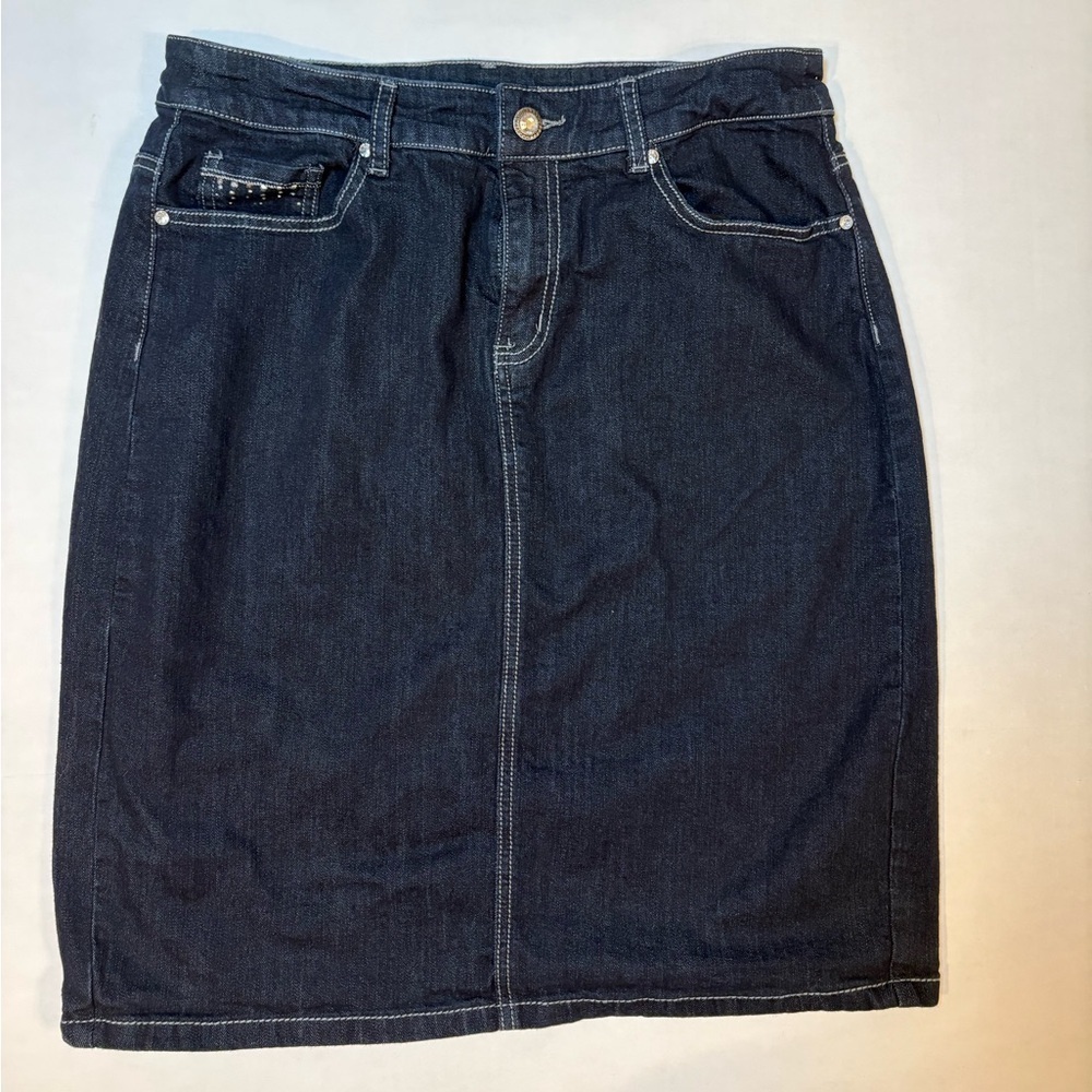Christopher & Banks denim midi jean skirt with rhinestone accents size 10